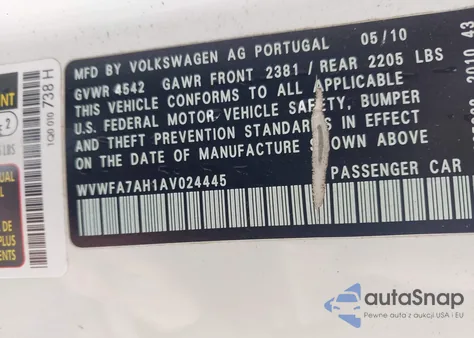 2010 Volkswagen Eos Lux z USA, uszkodzony, nr VIN WVWFA7AH1AV024445